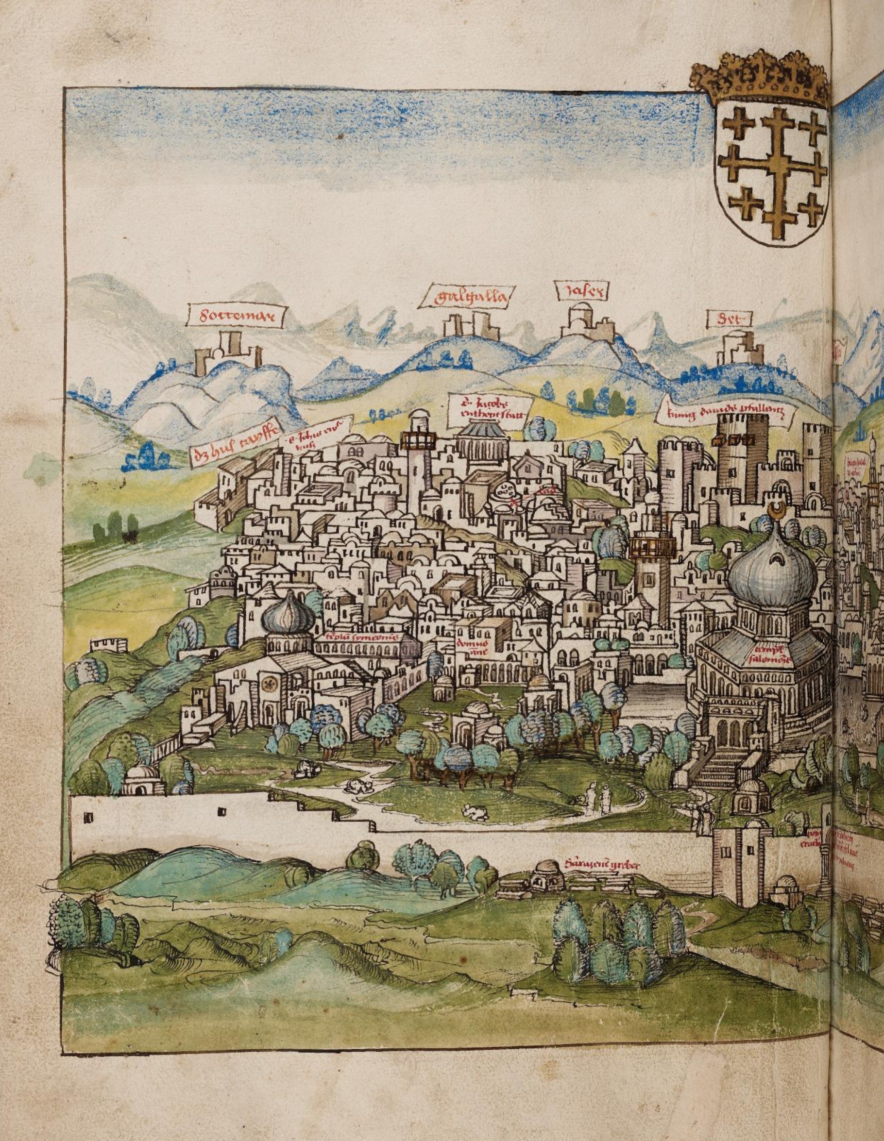 Fig. 12. View of Jerusalem. Konrad Grünenberg, Bericht über die Pilgerfahrt ins Heilige Land 1486 (ca. 1487), Gotha, Forschungsbibliothek Gotha, Chart. A 541, f. 56v, © Forschungsbibliothek Gotha.
